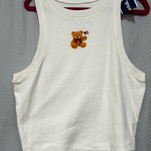 White Crop Top with Bear Embroidery